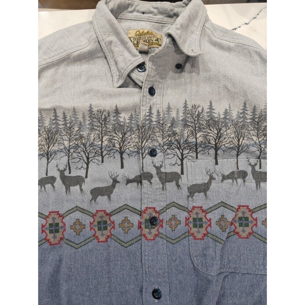 Cabela's Deerskin Soft Chamois Shirt Mens L Long Sleeve Flannel Aztec Print Blue